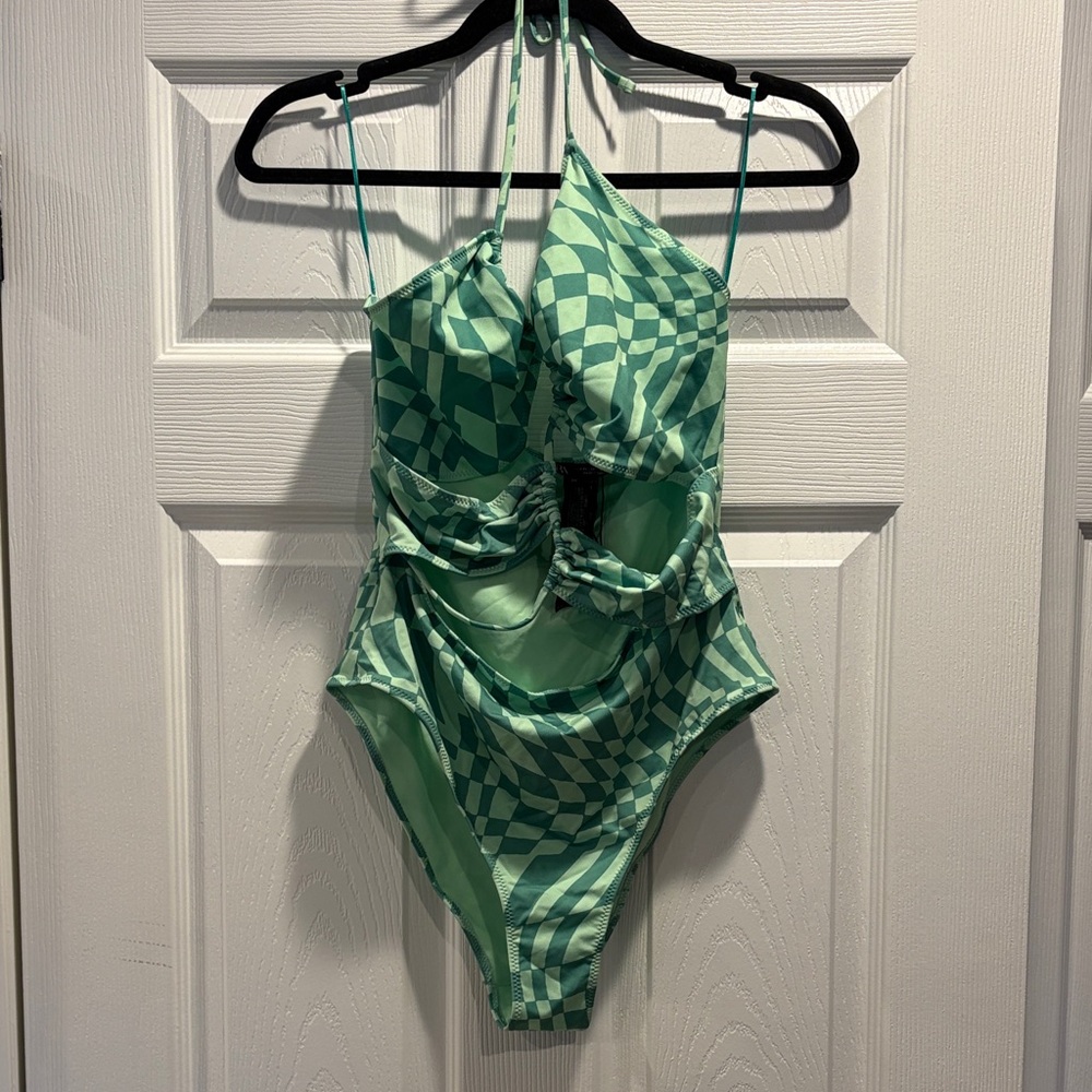 Zara Green Checkered One Piece Swimsuit